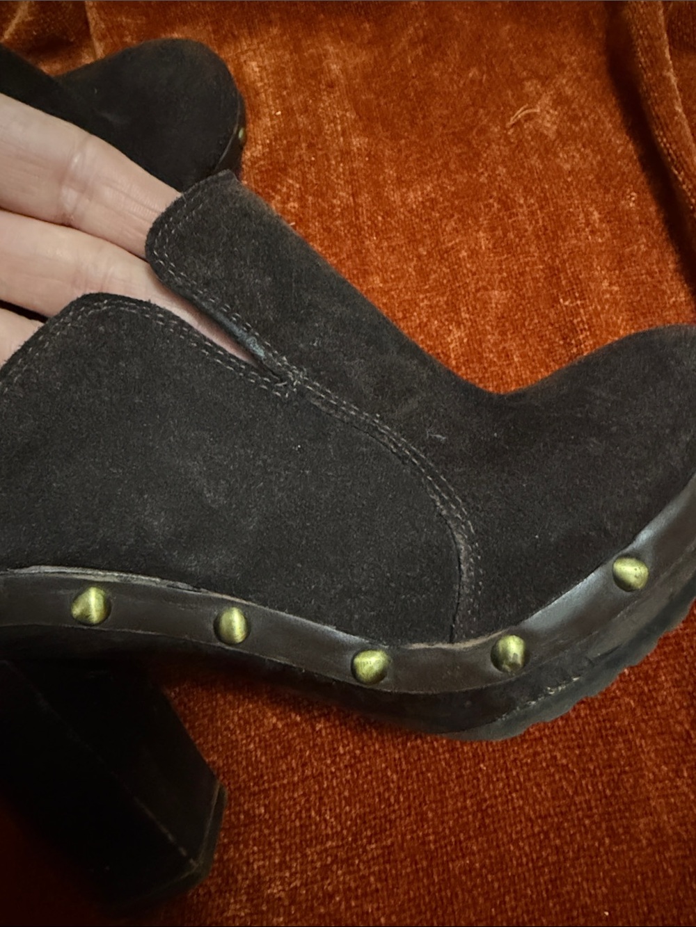 Vianni | Chocolate Suede Studded Slip-On Mules Wood Sole Treaded | 38 - Picture 8 of 9